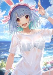 1girl absurdres animal_ear_fluff animal_ears bikini blue_hair blue_sky blurry blurry_background blush breasts colored_inner_hair flower green_hair highres hololive mappaninatta medium_breasts medium_hair multicolored_hair ocean open_mouth rabbit_ears see-through_clothes see-through_shirt shirt sky smile solo swimsuit thick_eyebrows usada_pekora virtual_youtuber visor_cap white_bikini white_shirt wrist_cuffs yellow_eyes