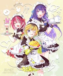 3girls apron colored_inner_hair food idolmaster idolmaster_va-liv kamizuru_cosmo kizakis letora_(idolmaster) maid maid_apron maid_headdress multicolored_hair multiple_girls omelet omurice parfait teapot tomori_manaka two-tone_hair virtual_youtuber