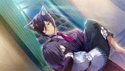 Rule 34 | 1boy, 1girl, animal ear fluff, animal ears, barefoot, belt, black belt, black gloves, black vest, buttons, carrying, carrying person, cat boy, cat ears, curtains, dress, faceless, faceless female, feet, fennel (nekopara - catboys paradise), floral print, formal clothes, frills, g yuusuke, game cg, glasses, gloves, grey-framed eyewear, half gloves, highres, light smile, long bangs, long dress, long sleeves, looking at another, looking down, mc (nekopara - catboys paradise), medium hair, moonlight, necktie, nekopara, nekopara - catboys paradise, night, non-web source, official art, pants, purple hair, purple necktie, purple suit, red eyes, round eyewear, short hair, short sleeves, smile, striped clothes, striped pants, striped vest, suit, swept bangs, vest, window