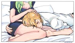 1boy 1girl arm_hair artist_name barefoot bed black_pants black_shirt black_shorts blonde_hair blue_eyes border breasts cleavage closed_mouth commentary dimitri_alexandre_blaiddyd dimitri_alexandre_blaiddyd_(timeskip) english_commentary female_byleth_(enlightened)_(fire_emblem) female_byleth_(fire_emblem) fire_emblem fire_emblem:_three_houses hand_on_another&#039;s_ass hand_on_another&#039;s_head hetero highres lap_pillow lying nintendo on_stomach pants parted_bangs photo-referenced pillow shirt short_sleeves shorts sitting sleeve_cuffs veroniikus wavy_hair white_shirt