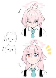 1girl absurdres arrow_(symbol) blue_archive blue_eyes blue_necktie chest_harness closed_mouth collared_shirt cropped_shoulders dog frown hair_flaps halo harness heterochromia highres hoshino_(blue_archive) long_hair looking_at_viewer meme multiple_views necktie notice_lines orange_eyes pink_hair pink_halo remise shirt simple_background v-shaped_eyebrows white_background white_shirt