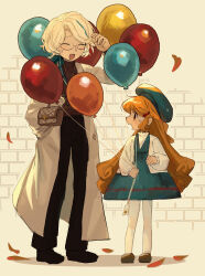 Rule 34 | 1girl, 1other, :d, ^ ^, akibevillage, aqua dress, aqua hat, bag, balloon, beret, black pants, black shoes, blonde hair, brick wall, brown bag, brown eyes, brown hair, brown shoes, brown sweater, closed eyes, coat, commentary request, cookie run, cookie run: ovenbreak, curly hair, dress, full body, glasses, hair ornament, hand in pocket, hand up, hat, height difference, highres, holding, holding balloon, humanization, jacket, long hair, long sleeves, looking at another, open clothes, open coat, open jacket, open mouth, pants, pantyhose, profile, puffy long sleeves, puffy sleeves, roguefort cookie, semi-rimless eyewear, shoes, short hair, shoulder bag, simple background, smile, standing, sweatdrop, sweater, turtleneck, turtleneck sweater, v-shaped eyebrows, walnut cookie, white coat, white jacket, white pantyhose