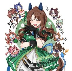 &gt;_&lt; +_+ 6+girls :3 :d =_= ^_^ ahoge animal_ears birthday_cake black_gloves blue_hair bow brown_hair cake cesario_(umamusume) chibi chibi_inset closed_eyes cowboy_shot domino_mask dress ear_bow ear_covers el_condor_pasa_(umamusume) food gloves golden_generation_(umamusume) grass_wonder_(umamusume) green_bow green_dress green_eyes green_hair hair_intakes happy_birthday haru_urara_(umamusume) headband highres horse_ears horse_girl horse_tail kawakami_princess_(umamusume) king_halo_(umamusume) long_hair mask multicolored_hair multiple_girls open_mouth pink_hair pink_headband ponytail purple_eyes rhein_kraft_(umamusume) school_uniform seiun_sky_(umamusume) short_hair single_ear_cover smile solo_focus sparkle special_week_(umamusume) tail tracen_school_uniform two-tone_hair umamusume unseuking0427