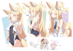 Rule 34 | 3girls, alternate costume, alternate hairstyle, animal ear fluff, animal ears, bare shoulders, bikini, bird, bird on hand, black one-piece swimsuit, blonde hair, blue archive, blush, bow, breasts, closed mouth, cup, double bun, flower, forehead, fox ears, fox girl, fox tail, frilled bikini, frills, hair bun, hair flower, hair ornament, halo, highres, holding, holding cup, large breasts, long hair, looking at another, mika (blue archive), multiple girls, nagisa (blue archive), one-piece swimsuit, open mouth, pink hair, ponytail, purple bikini, purple halo, satou kibi, seia (blue archive), small breasts, sunglasses, swimsuit, tail, teacup, towel, towel around neck, white bikini, white bow, white flower, yellow eyes, yellow halo