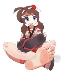 Rule 34 | 1girl, barefoot, blue eyes, breasts, brown hair, clenched hands, collarbone, eyelashes, facing viewer, feet, fingernails, foot focus, foot worship, full body, geta, hair ornament, happy, hatty penguin, highres, hilda (pokemon), hilda (summer 2022) (pokemon), holding, holding footwear, holding unworn clothes, indian style, japanese clothes, legs, long hair, looking at viewer, neck, nintendo, official alternate costume, official alternate hairstyle, open mouth, pokemon, pokemon masters ex, presenting, sandals, short shorts, short sleeves, shorts, sidelocks, simple background, sitting, small breasts, smile, soles, summer festival, sweat, sweatdrop, thighs, toenails, toes, traditional clothes, unworn sandals, wavy hair, white background