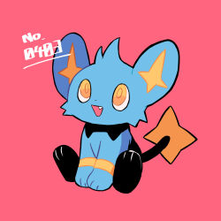 :d commentary_request fang full_body gen_4_pokemon highres looking_up mukomaru nintendo open_mouth pink_background pokedex_number pokemon shinx simple_background sitting smile yellow_eyes yellow_pupils