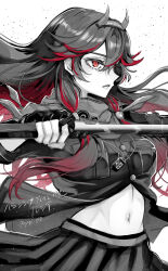 1girl absurdres black_gloves breasts commentary_request dog_tags fingerless_gloves gloves hair_between_eyes hair_ornament highres holding holding_sword holding_weapon jacket long_hair looking_ahead lucia:_lotus_(pgr) lucia_(pgr) medium_breasts multicolored_hair navel parted_lips partially_unbuttoned poipoi_poip punishing:_gray_raven red_eyes red_hair scarf simple_background skirt solo spot_color stomach streaked_hair sword twitter_username upper_body weapon white_background