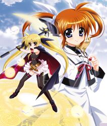 Rule 34 | 2girls, absurdres, animal, animal on shoulder, bardiche (nanoha), bardiche (scythe form) (nanoha), black boots, black cape, black leotard, black ribbon, black thighhighs, blonde hair, blue eyes, blush, boots, brown hair, cape, chest belt, closed mouth, collared dress, commentary request, crossed belts, dress, energy blade, fate testarossa, fate testarossa (movie 1st form), ferret, hair ribbon, higa yukari, highres, holding, holding scythe, jewelry, legs apart, leotard, long hair, looking at viewer, lyrical nanoha, magic circle, mahou shoujo lyrical nanoha, mahou shoujo lyrical nanoha the movie 1st, medium hair, miniskirt, multiple girls, necklace, official art, pearl necklace, pleated skirt, raising heart, raising heart (device mode) (1st), red cape, red eyes, ribbon, scythe, shirt, showgirl skirt, skirt, sky, standing, standing on magic circle, takamachi nanoha, takamachi nanoha (movie 1st mode), thighhighs, twintails, two-sided cape, two-sided fabric, white dress, white ribbon, white shirt, yuuno scrya