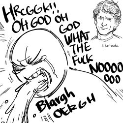 2boys bb_(baalbuddy) black_outline closed_eyes english_text greyscale monochrome multiple_boys open_mouth outline real_life shouting solo sound_effects tearing_up todd_howard vomiting
