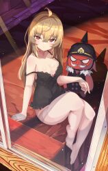 1girl absurdres ahoge babydoll bare_legs barefoot black_babydoll blonde_hair breasts cleavage commentary_request excella_(delltothu) feet helmet highres legs long_hair luciana_de_montefio medium_breasts motorcycle_helmet red_eyes sitting toes zenless_zone_zero
