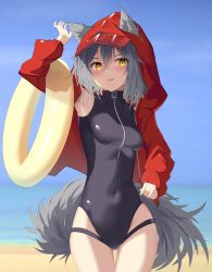 1girl absurdres animal_ears arknights arm_up armpits beach black_one-piece_swimsuit blue_sky blush breasts casual_one-piece_swimsuit covered_navel cowboy_shot day ears_through_headwear grey_hair highres hood hood_up hooded_jacket innertube jacket long_sleeves looking_at_viewer ocean official_alternate_costume one-piece_swimsuit open_mouth outdoors projekt_red_(arknights) projekt_red_(light_breeze)_(arknights) pu_ht red_jacket short_hair sky small_breasts solo swim_ring swimsuit tail thigh_gap unzipped v-shaped_eyebrows wolf_ears wolf_girl wolf_tail yellow_eyes