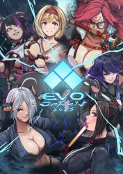 2025 6+girls absurdres ahoge angel_(kof) baiken black_hair black_jacket blonde_hair blue_eyes breasts cleavage crossover djeeta_(granblue_fantasy) evolution_championship_series fatal_fury garou:_mark_of_the_wolves glowing glowing_eye granblue_fantasy granblue_fantasy_versus:_rising grey_hair guilty_gear guilty_gear_strive han_juri high_ponytail highres hood hooded_jacket jacket large_breasts momo_juice mouth_hold multicolored_jacket multiple_girls pink_hair ponytail purple_eyes purple_hair purple_jacket reina_(tekken) shiranui_mai shirt short_hair street_fighter tekken tekken_8 the_king_of_fighters vest white_shirt white_vest