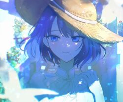 1girl bare_shoulders bird blue_eyes blue_hair closed_mouth colorful_festival_(project_sekai) dappled_sunlight day dress hair_behind_ear hand_up hashtag-only_commentary hat highres kiritani_haruka lens_flare looking_to_the_side neck_ribbon official_alternate_costume official_alternate_hairstyle outdoors plant project_sekai ribbon short_hair sleeveless sleeveless_dress smile solo stairs straw_hat sun_hat sundress sunlight upper_body vmtpzk wavy_hair white_dress white_ribbon