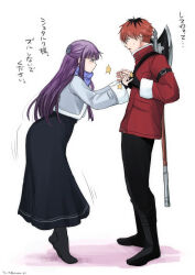 1boy 1girl absurdres axe battle_axe black_coat black_dress black_gloves black_hair black_pants black_pantyhose butterfly_hair_ornament chiroru_shimai coat cropped_coat dress fern_(sousou_no_frieren) fingerless_gloves from_side full_body fur-trimmed_coat fur_trim gloves grey_coat hair_ornament highres long_dress long_hair long_sleeves looking_at_another multicolored_hair open_mouth pants pantyhose purple_eyes purple_hair purple_scarf red_eyes red_hair scarf short_hair sidelocks simple_background sousou_no_frieren stark_(sousou_no_frieren) sweatdrop translation_request two-tone_hair weapon weapon_on_back white_background
