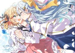 2girls anisphia_wynn_palettia black_bow black_bowtie black_ribbon blonde_hair blue_skirt blush bow bowtie closed_mouth coat commentary_request euphyllia_magenta eye_contact falling_petals green_eyes hair_ribbon holding_hands interlocked_fingers jacket long_hair looking_at_another medium_hair multiple_girls official_art open_mouth petals pink_skirt purple_eyes ribbon second-party_source shirt signature skirt smile takeshima_eku tensei_oujo_to_tensai_reijou_no_mahou_kakumei thighhighs translation_request white_coat white_hair white_jacket white_shirt white_thighhighs yellow_ribbon yuri