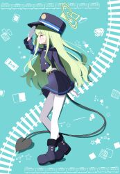 1girl arm_behind_back armband belt black_belt black_hat black_jacket black_shoes black_skirt blue_archive blue_armband buttons commentary demon_tail double-breasted full_body gloves green_hair green_halo halo hand_to_forehead hat highres hikari_(blue_archive) jacket long_hair looking_afar pantyhose peaked_cap pleated_skirt pointy_ears sasanoha_(sasanoha0712) shirt shoes skirt solo standing tail white_gloves white_pantyhose white_shirt yellow_eyes