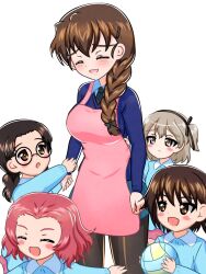 Rule 34 | 5girls, aged down, apron, ball, black hair, black necktie, black pantyhose, black ribbon, blue skirt, blue sweater, blush, braid, braided bun, brown eyes, brown hair, closed eyes, collared shirt, earlobe1514366, fukuda haru, girls und panzer, grey hair, hair bun, hair ornament, hairpin, highres, holding, holding ball, isobe noriko, kindergarten uniform, long braid, long hair, miniskirt, multiple girls, necktie, pantyhose, pink apron, pink hair, pleated skirt, ribbon, rosehip (girls und panzer), rukuriri (girls und panzer), school uniform, shimada arisu, shirt, short hair, skirt, st. gloriana&#039;s school uniform, sweater, twin braids, volleyball (object), white background, white shirt