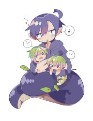 3boys :3 absurdres blue_eyes blue_hair blue_hoodie blush bright_pupils brothers bug caterpillar cowlick extra_arms fang gradient_hair green_hair highres holding hood hood_down hoodie interspecies jitome karato_(uenomigi) leaves long_tongue looking_at_viewer looking_back looking_down male_focus monster_boy monsterification multicolored_hair multiple_boys multiple_persona musical_note original picking_up pink_hair plant pointy_ears ponytail raito-kun_(uenomigi) red_eyes scared serpentine short_hair siblings simple_background size_difference skin_fang small_male snake snake_boy snake_tail spoken_musical_note sweat tail tearing_up tears tongue tongue_out two-tone_hair uenomigi white_background white_pupils