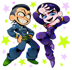 Rule 34 | 2boys, abeiyuuu, belt, black hair, blue eyes, blue jacket, coat, deformed, diamond wa kudakenai, dollar sign, earrings, facial mark, gakuran, green belt, green shoes, grin, hands on own hips, higashikata josuke, higashikata josuke&#039;s pose (jojo), high collar, highres, jacket, jewelry, jojo no kimyou na bouken, jojo pose, long hair, male focus, multiple belts, multiple boys, nijimura okuyasu, pants, peace symbol, pompadour, purple coat, purple hair, purple pants, purple shoes, red shirt, school uniform, shirt, shoes, smile, star (symbol), stud earrings, teeth, undercut, very long hair, yen sign