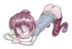 1girl all_fours ass blue_footwear blue_shirt brown_hair brown_pants clothes_pull conoghi disney glasses grin jackie_wackerman kick_buttowski loli long_sleeves pants pants_pull ponytail shirt shoes short_hair smile teeth white_background