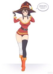 Rule 34 | 1girl, brown hair, daemonhx, english text, hat, kono subarashii sekai ni shukufuku wo!, megumin, panties, panty peek, pantyshot, red eyes, speech bubble, underwear, witch hat