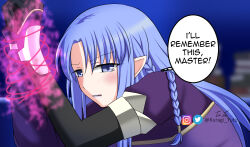Rule 34 | 1girl, angry, blue eyes, blue hair, blush, bound, bound wrists, braid, crying, fate/stay night, fate (series), gloves, kuragi tutu, long hair, long sleeves, looking at viewer, medea (caster) (fate), medea (fate), pointy ears, role reversal, scene reference, side braid, solo, speech bubble, talking