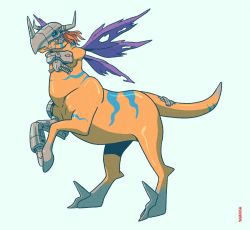 alternate_form android artist_request blue_eyes creatures_(company) digimon digimon_(creature) game_freak helmet horns mechanical_legs meme meme_attire metalgreymon monster nintendo no_humans original_form_pokemon_(meme) parody pokemon pokemon_legends:_arceus red_hair serious sharp_teeth simple_background solo style_parody tail teeth what wings