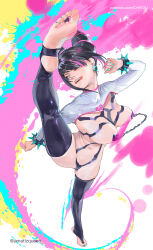 Rule 34 | 1girl, amatiz, artist name, blue nails, bracelet, breasts, commentary, diagonal bangs, english commentary, feet, hair horns, han juri, highres, jewelry, multicolored hair, original, short hair, solo, spiked bracelet, spikes, street fighter, street fighter 6, toes, tongue, tongue out, two-tone hair, watermark, web address, yin yang