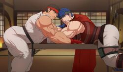 Rule 34 | 2boys, architecture, bara, black hair, blue eyes, blue hair, cape, commission, crossover, dougi, east asian architecture, fire emblem, fire emblem: radiant dawn, headband, highres, huwenlang, ike (fire emblem), indoors, karate gi, male focus, multiple boys, muscular, muscular male, nintendo, pants, red cape, ryu (street fighter), second-party source, short hair, street fighter, torn clothes, torn sleeves, veins