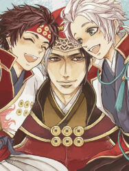 Rule 34 | blue eyes, brown eyes, brown hair, closed eyes, family, father and son, japanese clothes, kimono, multicolored hair, sanada masayuki, sanada nobuyuki, sanada yukimura (sengoku musou), sengoku musou, smile, two-tone hair, white hair