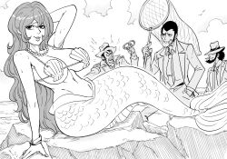 1girl 3boys absurdres arsene_lupin_iii bb_(baalbuddy) bikini breasts day fins fish_tail fishnets greyscale highres jigen_daisuke large_breasts lupin_iii mermaid mine_fujiko monochrome monster_girl multiple_boys navel rock shell shell_bikini tail zenigata_kouichi