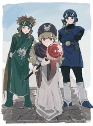 1980s_(style) 1girl 2boys belt belt_bag black_bodysuit blonde_hair blue_eyes blue_gloves blue_hat blue_tunic blush bodysuit boots brown_hair cape closed_mouth commentary_request cousins crossed_arms dragon_quest dragon_quest_ii full_body gloves goggles goggles_on_headwear green_footwear green_gloves green_tabard hat highres holding holding_staff knee_boots leaning_forward long_hair long_sleeves looking_at_viewer multiple_boys official_alternate_hair_color oldschool orange_cape parted_lips pointing pointing_at_viewer pov prince_of_lorasia prince_of_samantoria princess_of_moonbrook purple_hood red_eyes retro_artstyle robe short_hair smile spiked_hair staff standing sword sword_on_back tabard tunic turtleneck turtleneck_bodysuit weapon weapon_on_back white_footwear white_robe wide_sleeves yagkiku_d