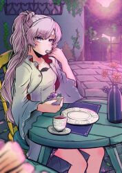Rule 34 | 1girl, blue eyes, blurry, chair, cup, day, depth of field, dress, earrings, eating, fence, flower, food, high side ponytail, highres, holding, holding food, holding spoon, jewelry, long hair, looking at viewer, nibeoka shin&#039;yasu, outdoors, plate, rwby, scar, scar across eye, scar on face, sitting, solo, spoon, stone floor, sunlight, table, teacup, tree, vase, very long hair, wavy hair, weiss schnee, white dress, white hair