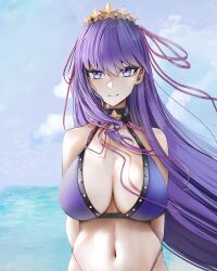 1girl absurdres bare_shoulders bb_(fate) bb_(swimsuit_mooncancer)_(fate) bb_(swimsuit_mooncancer)_(second_ascension)_(fate) beach bikini blue_sky breasts cleavage fate/grand_order fate_(series) hair_ornament highres large_breasts long_hair looking_at_viewer navel obazzotto purple_bikini purple_eyes purple_hair sky smile solo star_(symbol) star_hair_ornament swimsuit