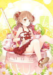 1girl :o bad_id bad_pixiv_id bare_shoulders belt bow bowl brown_eyes brown_hair cube cup daisy_(flower) dessert dress female_focus flower food frilled_dress frills fruit hair_flower hair_ornament highres in_bowl in_container in_cup in_food kiwi_(fruit) legs long_hair mini_person minigirl orange_(fruit) original parted_lips sandals shoe_soles short_dress short_twintails sitting sleeveless sleeveless_dress solo transparent twintails two_side_up wrist_cuffs