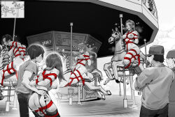 Rule 34 | 3boys, 4girls, ahegao, amusement park, arms behind back, bdsm, bondage, bound, bound arms, bound legs, breasts, carousel, change in common sense, chen zi, chinese commentary, commentary request, completely nude, dildo, female orgasm, garter belt, greyscale, heart, highres, lactation, long hair, medium breasts, monochrome, multiple boys, multiple girls, nipples, nude, orgasm, original, outdoors, public indecency, public nudity, pussy juice, restrained, riding, sex machine, sex toy, shibari, spot color, stomach bulge, thighhighs