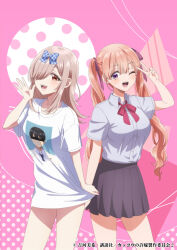 2girls amano_erika blonde_hair blush bow bowtie breasts kakkou_no_iinazuke long_hair looking_at_viewer mochizuki_ai_(kakkou_no_iinazuke) multiple_girls official_art purple_eyes shirt skirt twintails