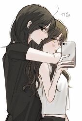 2girls arms_around_neck black_shirt blush brown_hair cellphone closed_mouth docounty holding holding_phone hug hug_from_behind long_hair multiple_girls original parted_lips phone selfie shirt short_sleeves simple_background smartphone white_background white_shirt yellow_eyes yuri
