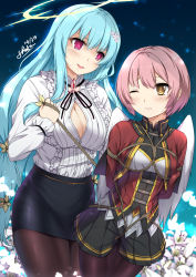 2girls arms_behind_back bdsm black_ribbon black_skirt blue_hair bondage bound breasts brown_legwear cleavage closed_mouth commentary corset cowboy_shot cropped_jacket dated empty_eyes english_commentary flower hair_between_eyes hair_flower hair_ornament halo head_tilt highres isillia_(soccer_spirits) jacket large_breasts light_particles long_hair long_sleeves looking_at_another looking_to_the_side mole mole_under_mouth multiple_girls neck_ribbon one_eye_closed open_clothes open_jacket open_mouth open_shirt pantyhose pencil_skirt pink_eyes pink_hair pleated_skirt raphaela_(soccer_spirits) red_jacket ribbon rope sheita shibari shibari_over_clothes shirt shirt_tucked_in short_hair sidelocks signature skirt small_breasts smile soccer_spirits standing sweatdrop white_flower white_shirt white_wings wings yellow_eyes yellow_flower