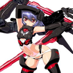 10s 1girl altines arched_back armpits bad_id bad_pixiv_id blue_hair busou_shinki dd dd_(ijigendd) elbow_gloves female_focus gloves navel red_eyes simple_background solo sword thighhighs weapon white_background