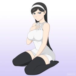 Rule 34 | 1girl, black hair, black thighhighs, daemonhx, dress, hairband, kumashiro maya, seikimatsu occult gakuin, thighhighs, white dress