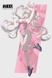 1girl absurdres alice_(nikke) alice_(wonderland_bunny)_(nikke) animal_ears areola_slip blush carrot_hair_ornament closed_eyes commentary_request copyright_name fake_animal_ears food-themed_hair_ornament goddess_of_victory:_nikke hair_ornament highres hyotenka_ichido leotard long_hair name_tag_hair_ornament open_mouth pantyhose pink_leotard playboy_bunny rabbit_ears shoes smile solo twintails white_hair white_pantyhose white_shoes
