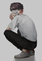 Rule 34 | 1boy, absurdres, black pants, brown hair, colored tips, commentary request, full body, grey background, hand up, highres, jewelry, jiz (pffbq), kiyo (youtuber), looking at viewer, looking back, male focus, mask, mouth mask, multicolored hair, pants, real life, red eyes, red hair, ring, shirt, shoes, short hair, short sleeves, simple background, sneakers, solo, squatting, surgical mask, t-shirt, v, white shirt