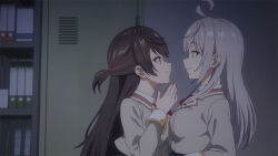 Rule 34 | 2girls, ahoge, alisa mikhailovna kujou, anime screenshot, black hair, blazer, blue eyes, blush, bow, bowtie, breasts, closed mouth, collared shirt, cropped jacket, eye contact, from side, grey hair, grey jacket, half updo, indoors, jacket, lapels, long hair, long sleeves, looking at another, multiple girls, notched lapels, official art, profile, purple eyes, red bow, red bowtie, school uniform, seiren academy school uniform, shirt, suou yuki, tokidoki bosotto roshia-go de dereru tonari no alya-san, upper body, white hair, white shirt, wing collar