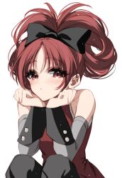 1girl :o alternate_hairstyle black_bow bow cinnamiku_hairstyle dress hair_bow head_on_hands highres mahou_shoujo_madoka_magica misteor parted_lips red_dress red_eyes red_hair sakura_kyoko sakura_kyoko_(magical_girl) solo squatting