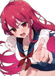 1girl absurdres arataka_mimi blue_sailor_collar blue_shorts blush braid breasts cmyk:_sameda_kazuou_wa_chuunibyou_ga_naosenai cowboy_shot floating_hair foreshortening glaring hand_on_own_hip highres koba large_breasts leaning_forward long_hair long_sleeves looking_at_viewer micro_shorts neckerchief open_mouth pointing pointing_at_viewer red_eyes red_hair red_neckerchief sailor_collar shirt shorts side_braid simple_background solo standing thick_thighs thighs v-shaped_eyebrows white_background white_sailor_collar white_shirt