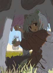 1girl animal animal_ears blue_sky bottle cow glass_bottle grass grey_hair hand_milking highres holding holding_bottle looking_at_viewer milk namoku_(namottttt) on_ground open_mouth original outdoors short_hair sitting sky smile