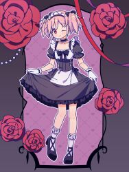 1girl absurdres black_dress border clothes_lift corset dress flower full_body gloves grey_border highres kaname_madoka looking_at_viewer mahou_shoujo_madoka_magica maid_headdress pink_eyes pink_hair purple_background red_flower red_rose rose ruru_(rurumagi) short_twintails skirt skirt_lift solo twintails two-tone_dress white_dress white_gloves