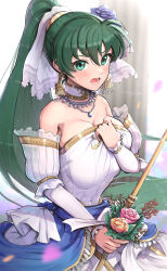 Rule 34 | 1girl, absurdres, armpit crease, blue flower, blue rose, blue sash, blurry, blurry background, blush, breasts, breasts squeezed together, bridal veil, bride, candle, cleavage, collarbone, commentary request, covered navel, detached collar, detached sleeves, dress, earrings, embarrassed, fire emblem, fire emblem heroes, flower, frilled dress, frills, gold trim, gonzarez, green eyes, green hair, hair flower, hair ornament, hand on own chest, highres, holding, holding candle, jewelry, juliet sleeves, large breasts, long hair, long sleeves, looking at viewer, lyn (bride of the plains) (fire emblem), lyn (fire emblem), necklace, nintendo, petals, pink flower, pink rose, ponytail, puffy sleeves, rose, sash, shadow, solo, sweatdrop, undersized clothes, veil, very long hair, wedding dress, yellow flower, yellow rose