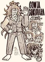 1boy absurdres angry barefoot bug_cage character_name clenched_hand clenched_teeth closed_eyes closed_mouth collared_jacket collared_shirt commentary crying danganronpa_(series) danganronpa_v3:_killing_harmony dated doodle_inset english_commentary english_text flying_sweatdrops full_body glasses gokuhara_gonta greyscale hand_on_own_hip hand_up hatching_(texture) highres jacket josh-s26 long_hair male_focus monochrome multiple_views necktie open_mouth pants round_eyewear shirt signature simple_background smile standing streaming_tears tears teeth waving white_background